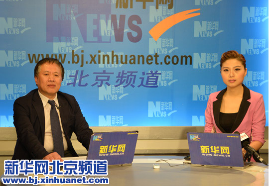 3月4日，岳鸿声(左)在访谈现场。新华网北京频道发 周小红摄